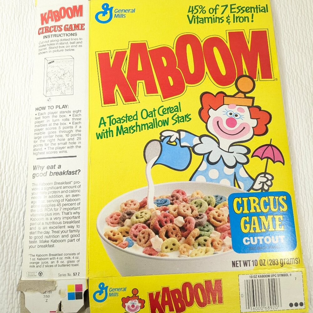 Vintage General Mills Kaboom Cereal box Circus Game cutout GM kids clown yellow